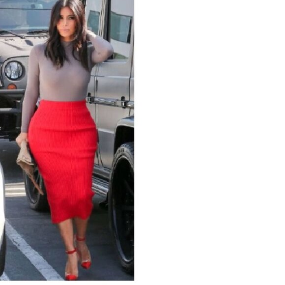 Lace Centre Red Pencil Skirt Pull-on Elastic Waist Scuba Bodycon - Picture 6 of 6